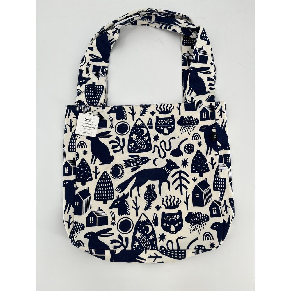 Danica Studio Timbo To and Fro Tote Bag Cream Blue Fox Rabbit Tree Print